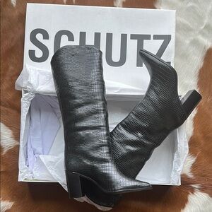 Schutz Black Croc-Embossed Women's Boots